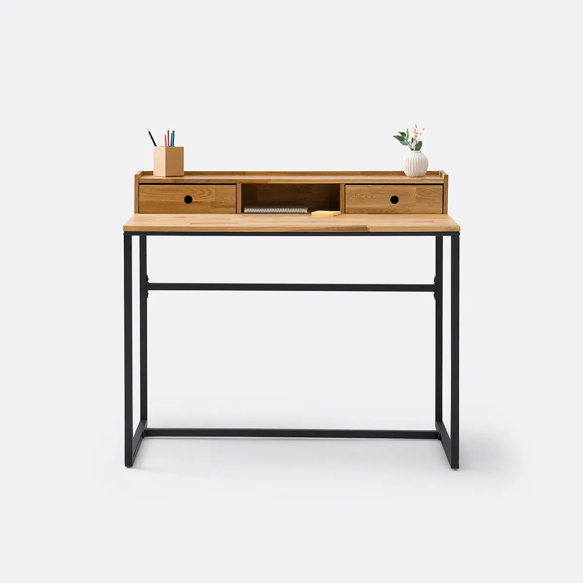 Hiba Low Riser Desk with Storage Unit - Oak, Metal alternate view