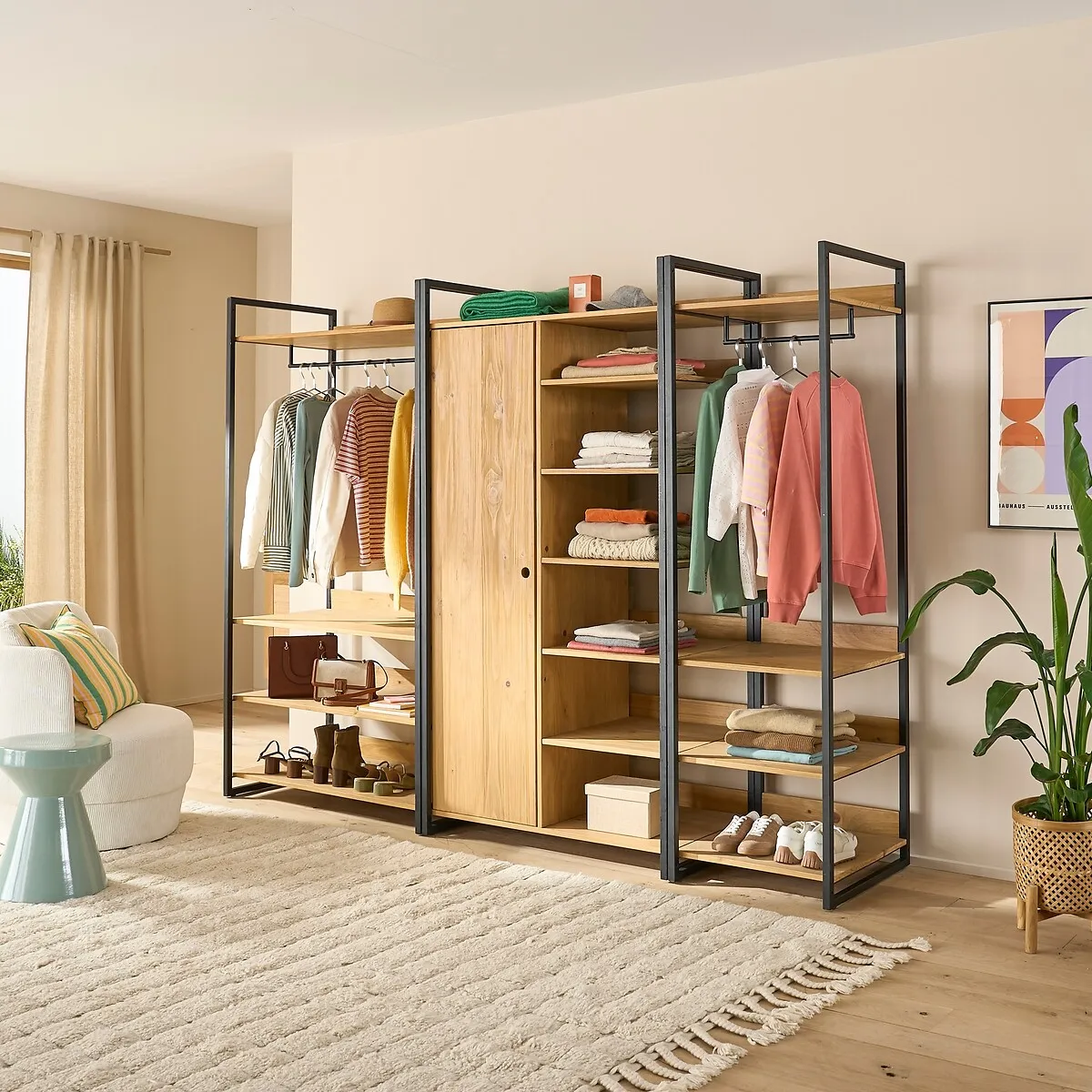 Hiba Modular Wardrobe Unit with 3 Shelves & Hanging Rail - Pine, Metal alternate view