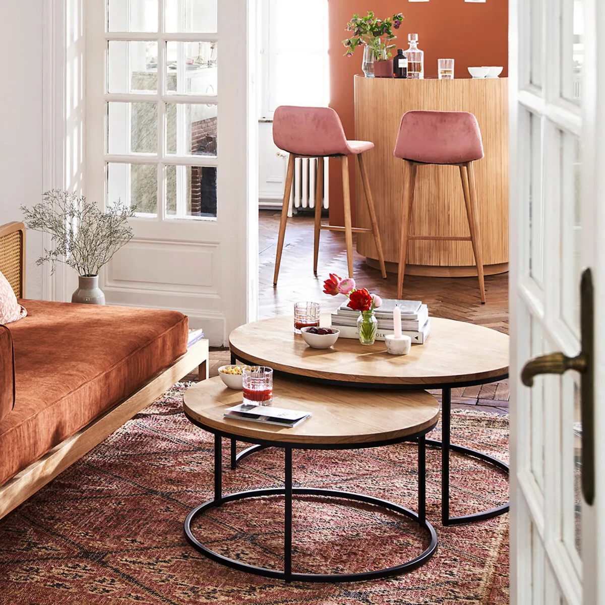 Hiba Set of 2 Nesting Round Coffee Tables - Oak, Steel alternate view