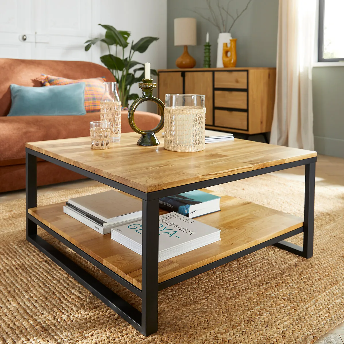 Hiba Square Coffee Table 2-Tier - Natural, Solid Oak & Steel alternate view