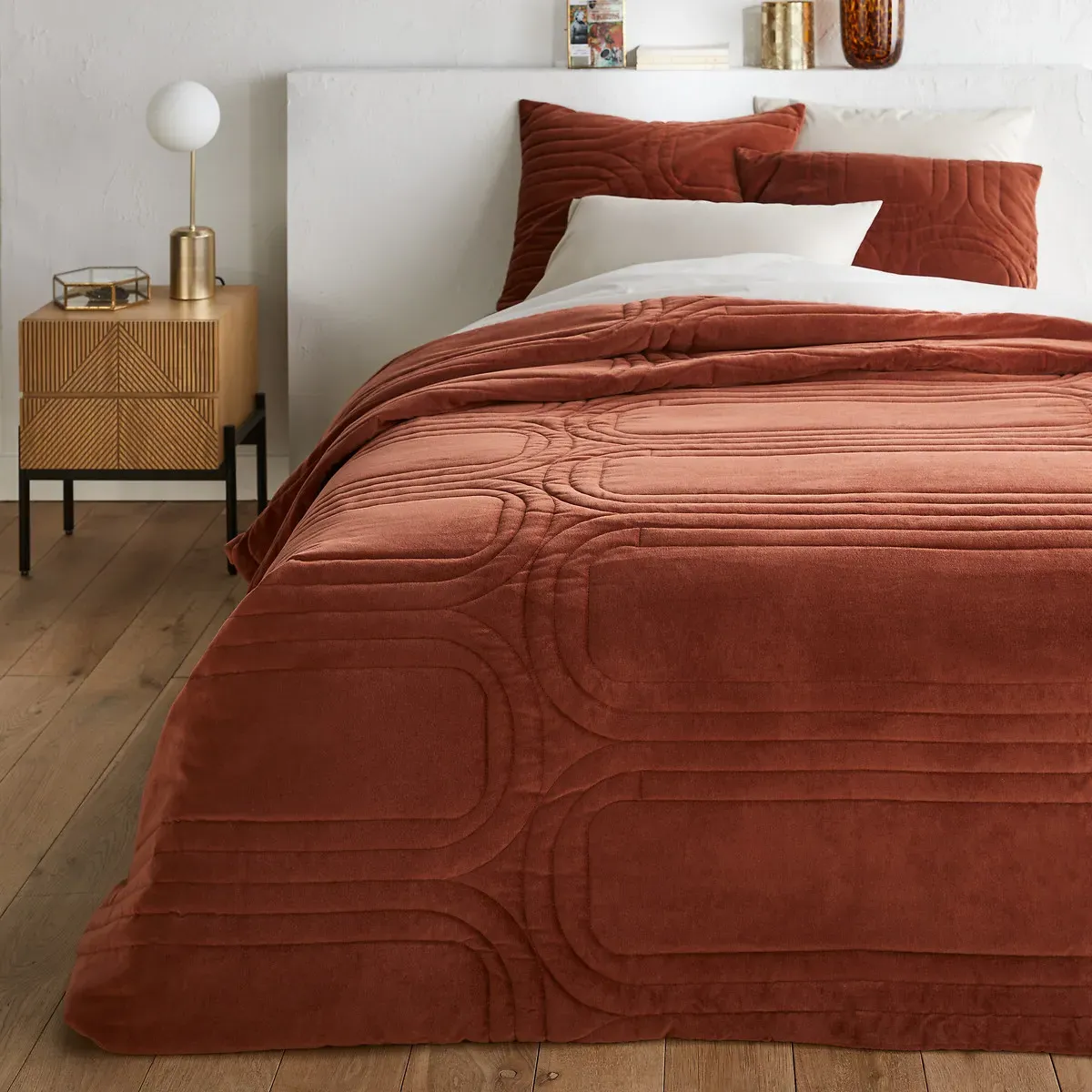Honorine Quilted Bedspread - Terracotta, Cotton Velvet product