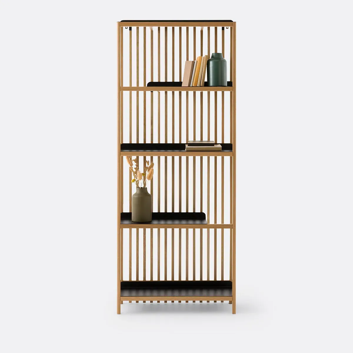 Jac Bookcase with Solid Oak Slats and Steel - Oak, Black alternate view