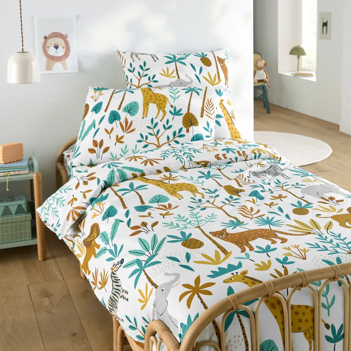 Jungle Animal Print Double Duvet Cover - White, Cotton alternate view