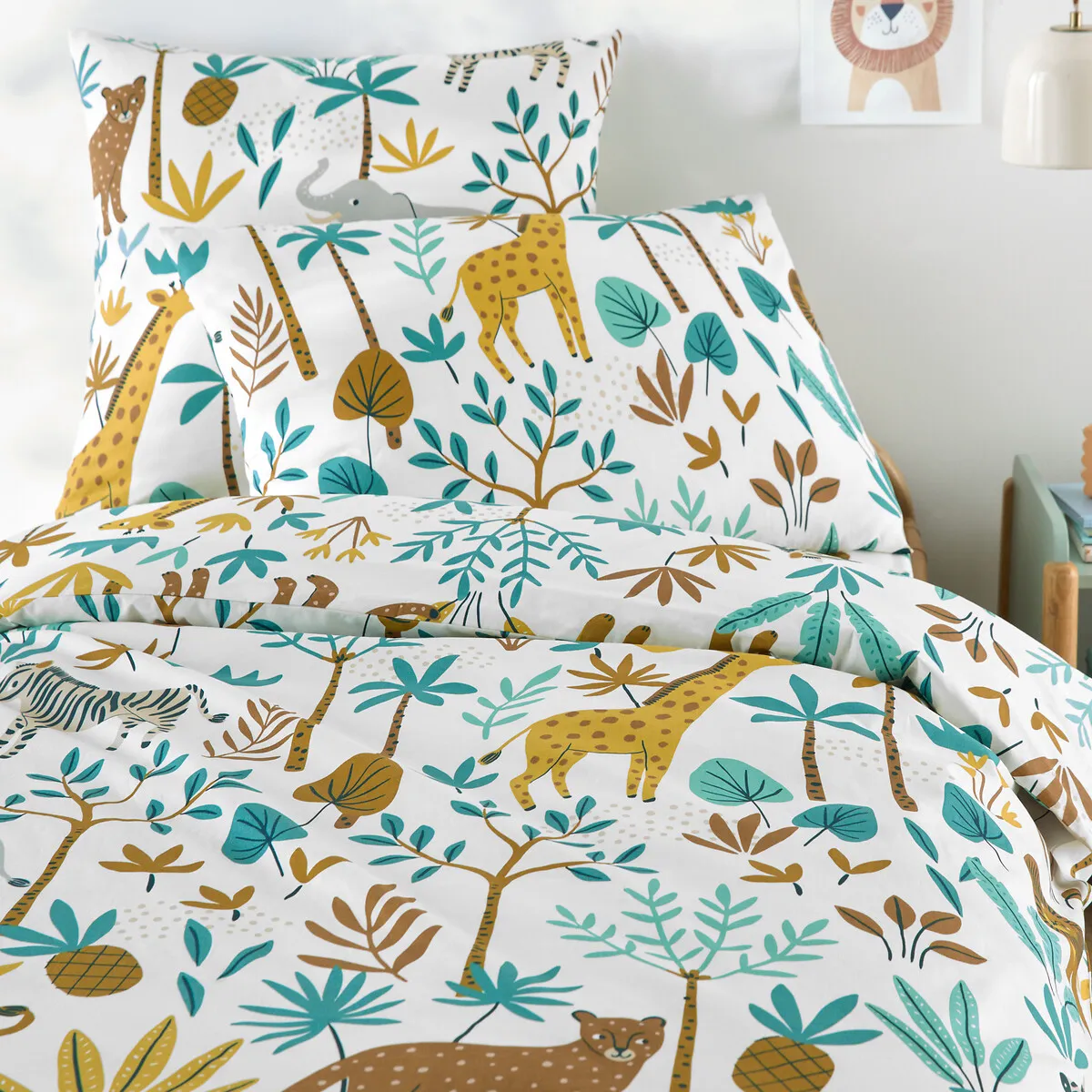 Jungle Animal Print Double Duvet Cover - White, Cotton product