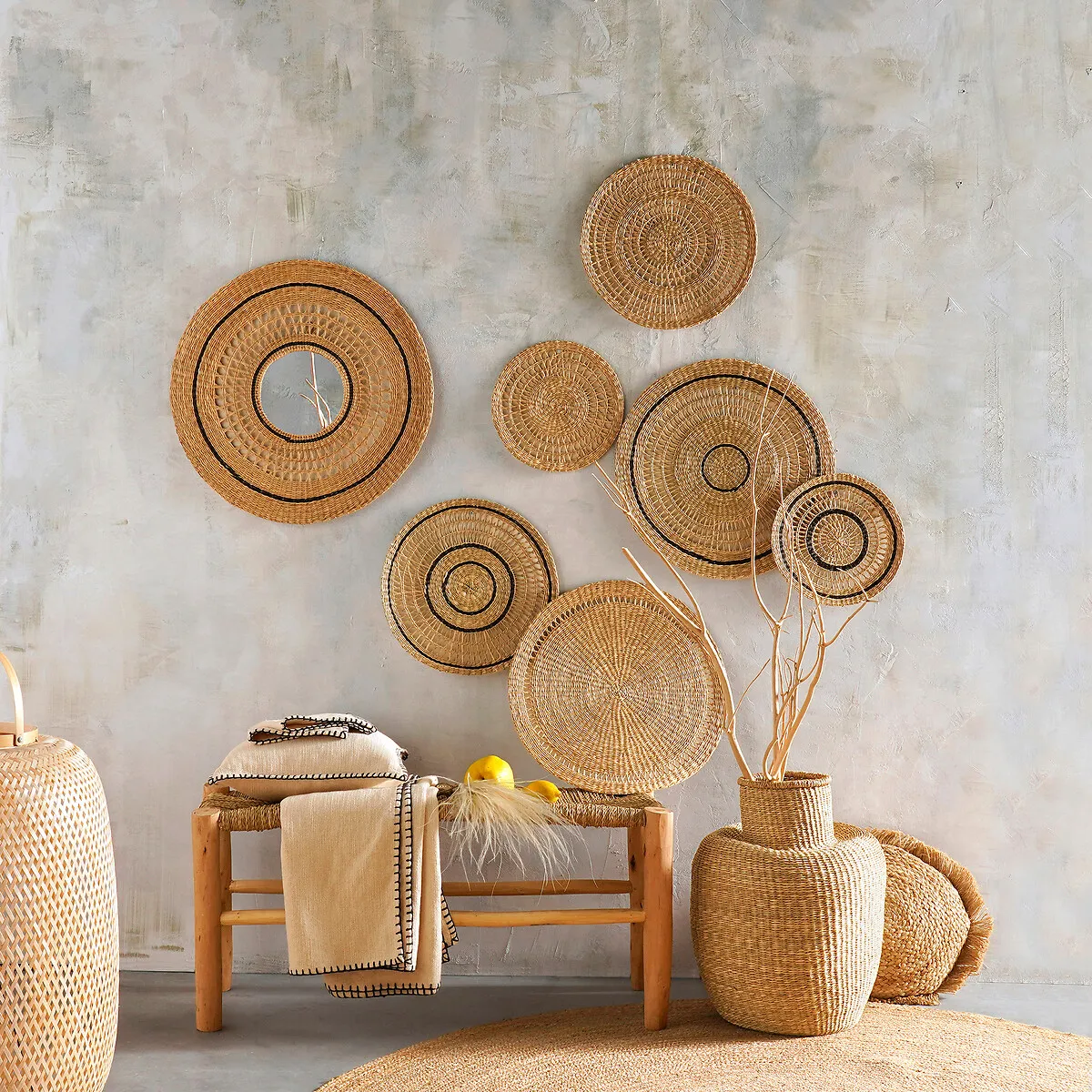 Jutlo Set of 3 Round Woven Wall Decorations - Natural, Straw alternate view