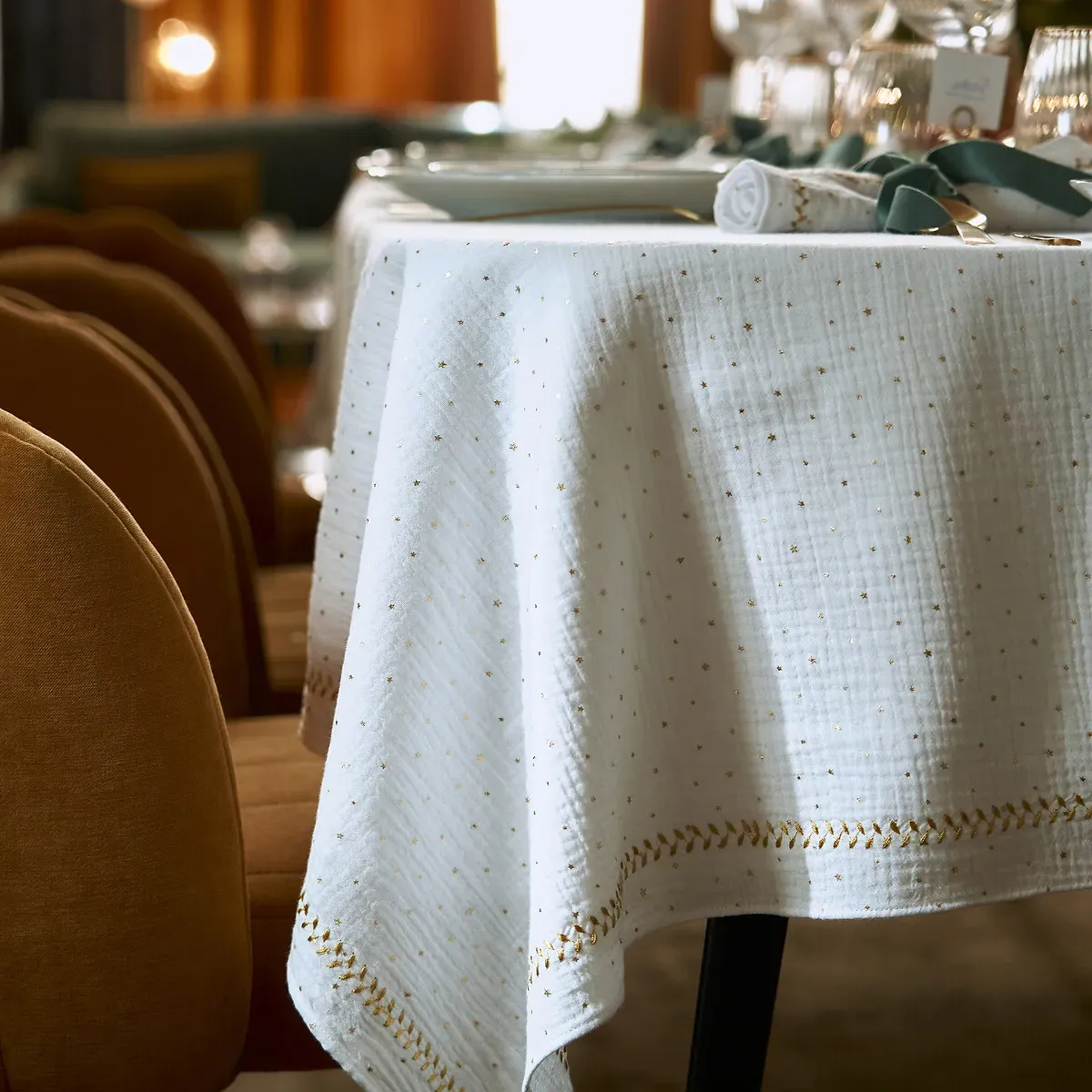 Kumla Stars Square Tablecloth - Golden White, Cotton Muslin alternate view