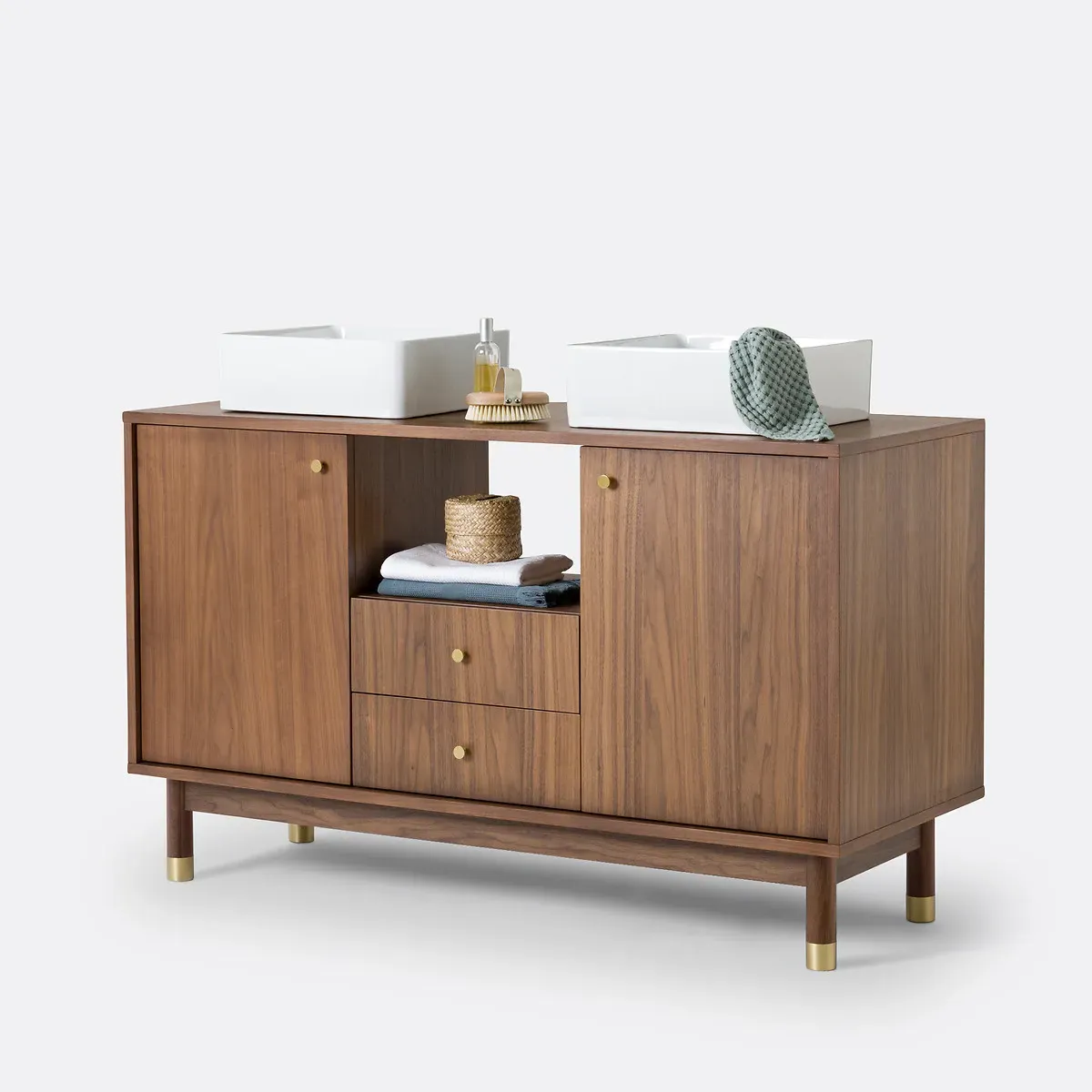Lambro Double Bathroom Sink Unit - Dark Wood, Walnut Veneer MDF product