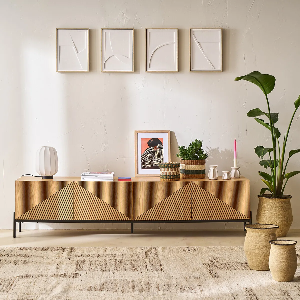 Lodge TV Stand with Grooved Doors - Oak, MDF alternate view