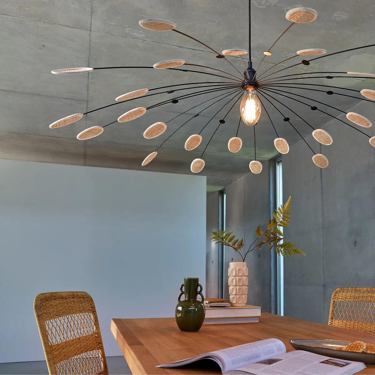 Léonie 138cm Round Pendant Light - Natural, Metal & Cane alternate view