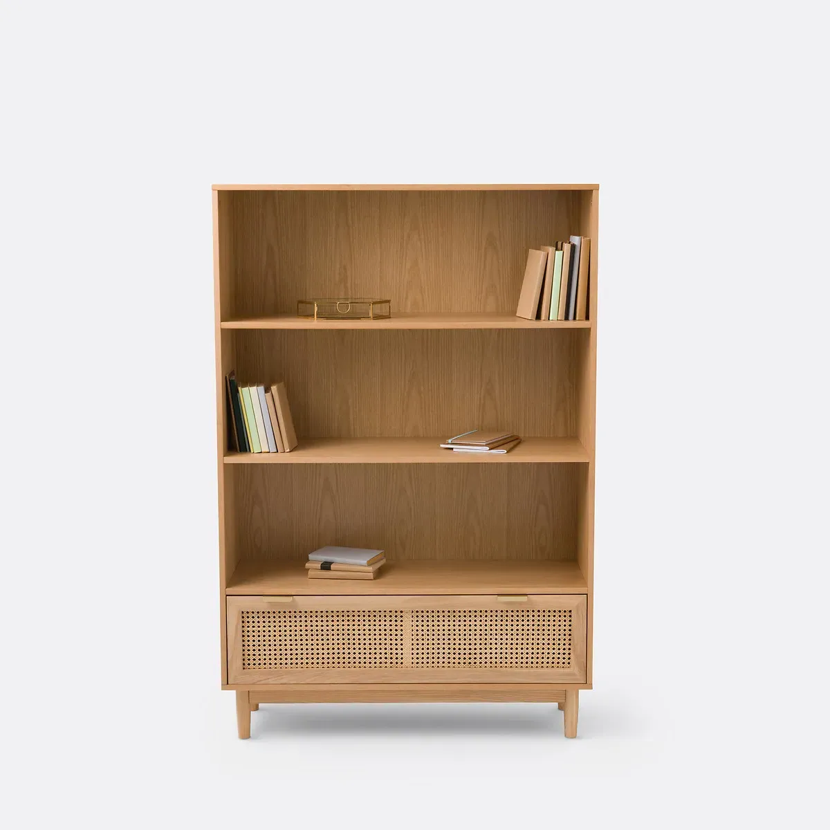 Loris Bookcase with Rattan Drawer - Natural, Oak Veneer alternate view