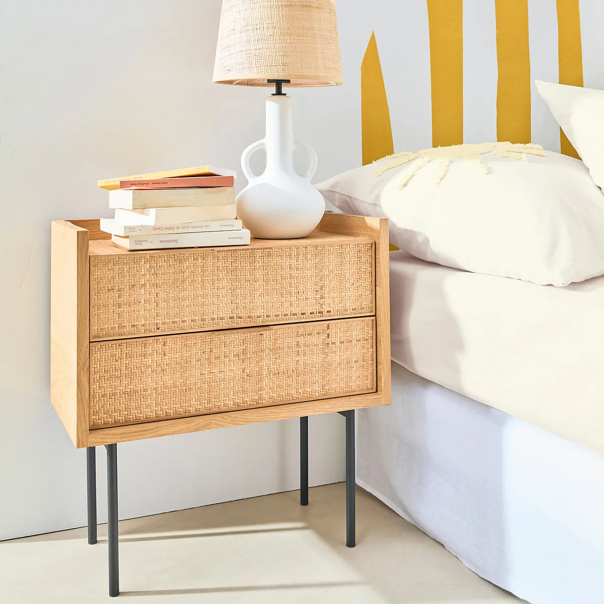 Louison 2-Drawer Bedside Table - Natural Oak, Rattan alternate view