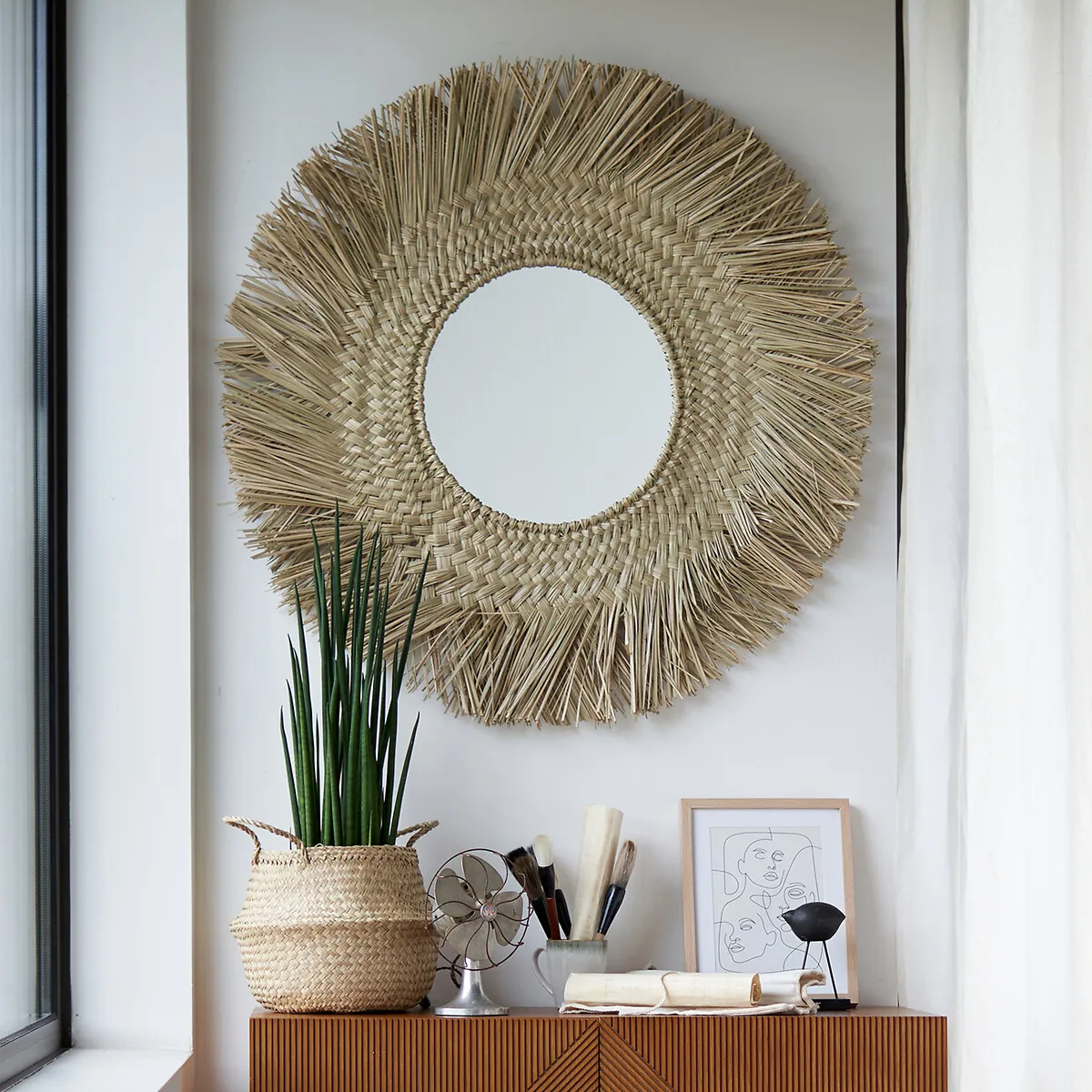 Loully Round Sunburst Wall Mirror - Natural, Woven Grass alternate view