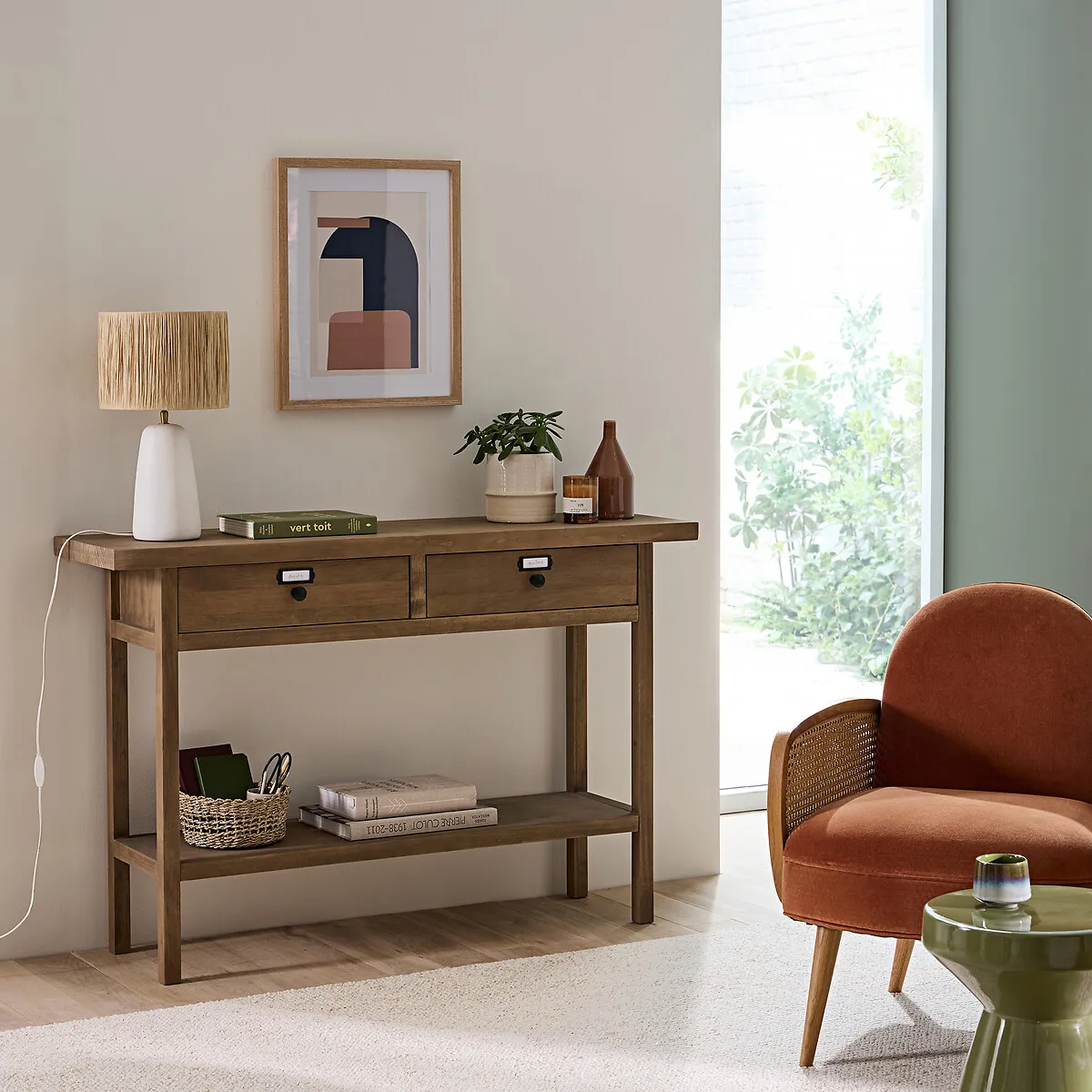 Lunja Console Table with Drawers - Natural Waxed, Solid Pine alternate view