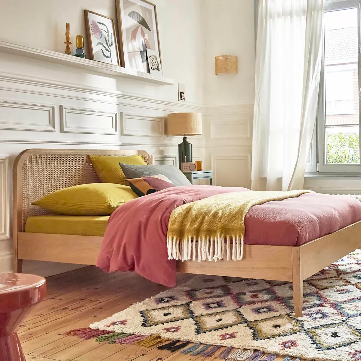 Madara Double Bed Frame with Rattan Cane Headboard - Oak alternate view