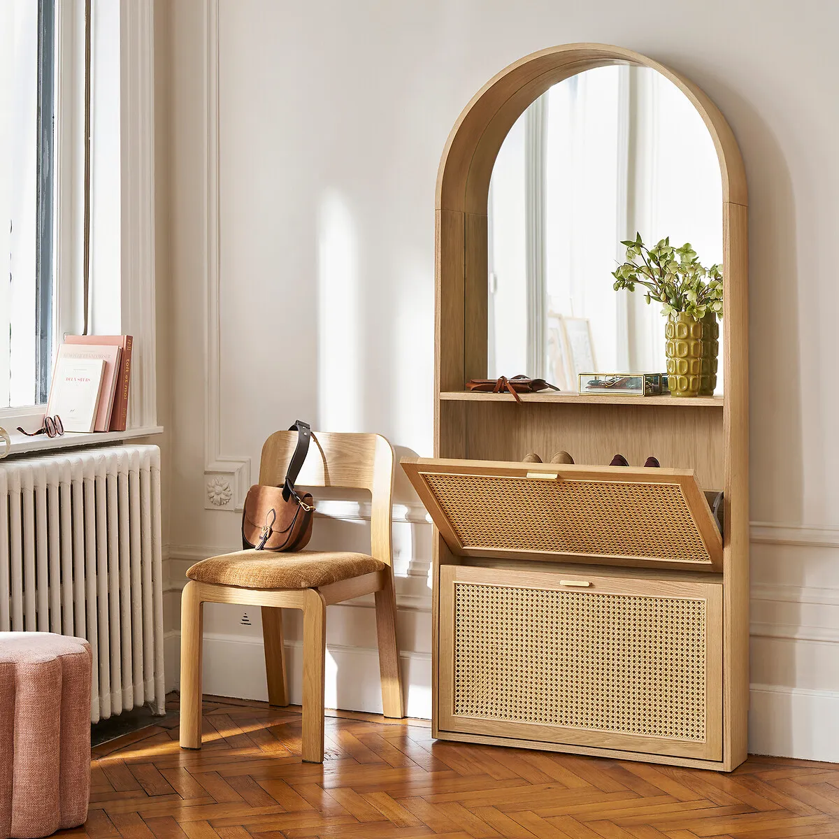 Mathéo Shoe Cabinet with Mirror & Fold-Down Doors - Natural Oak Veneer alternate view