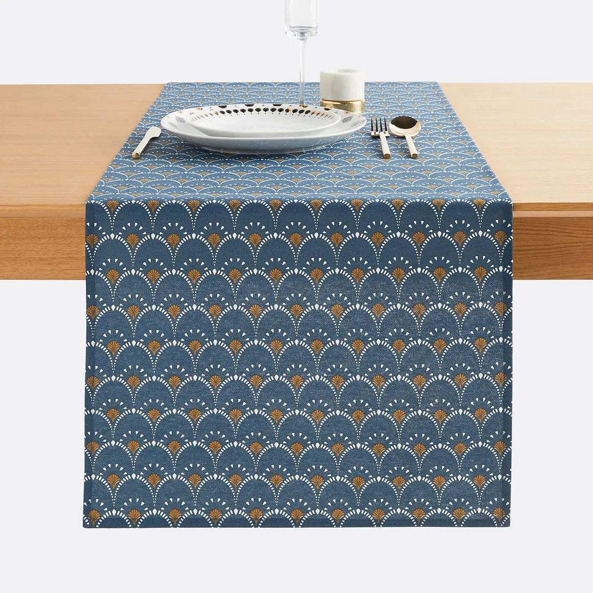 Mina Patterned Table Runner with Anti-Stain Treatment - Prussian Blue, Cotton product