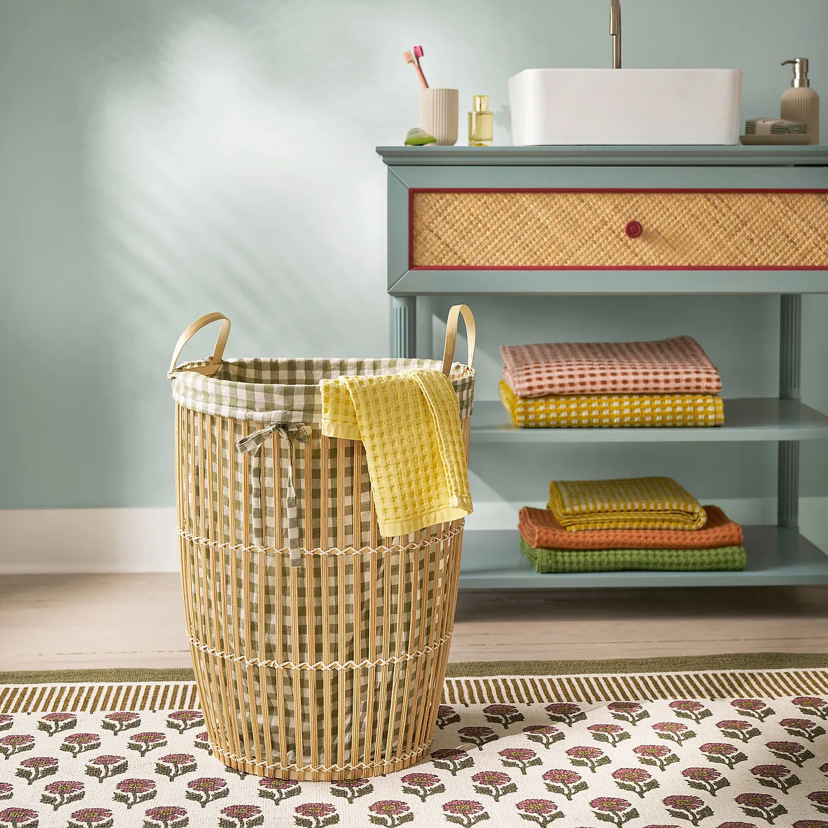 Monoa Gingham Lined Bamboo Laundry Basket - Natural alternate view