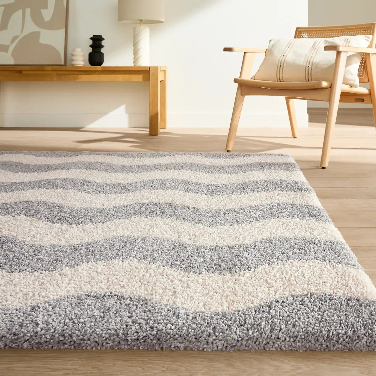 Nami Wave Print Rectangular Rug - Ecru, Grey, Polypropylene product