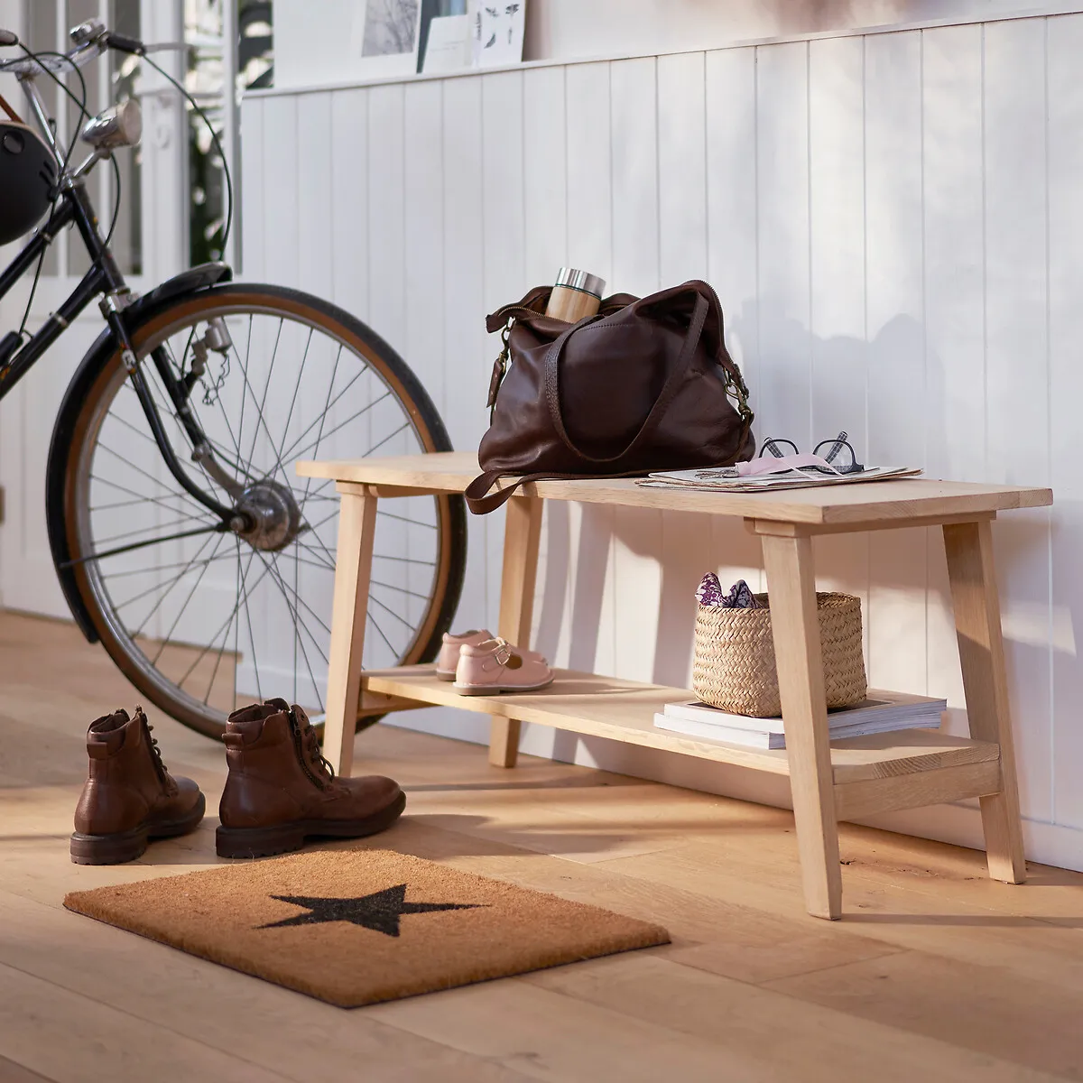 Oaky Hallway Bench with Shelves - Bleached Oak alternate view