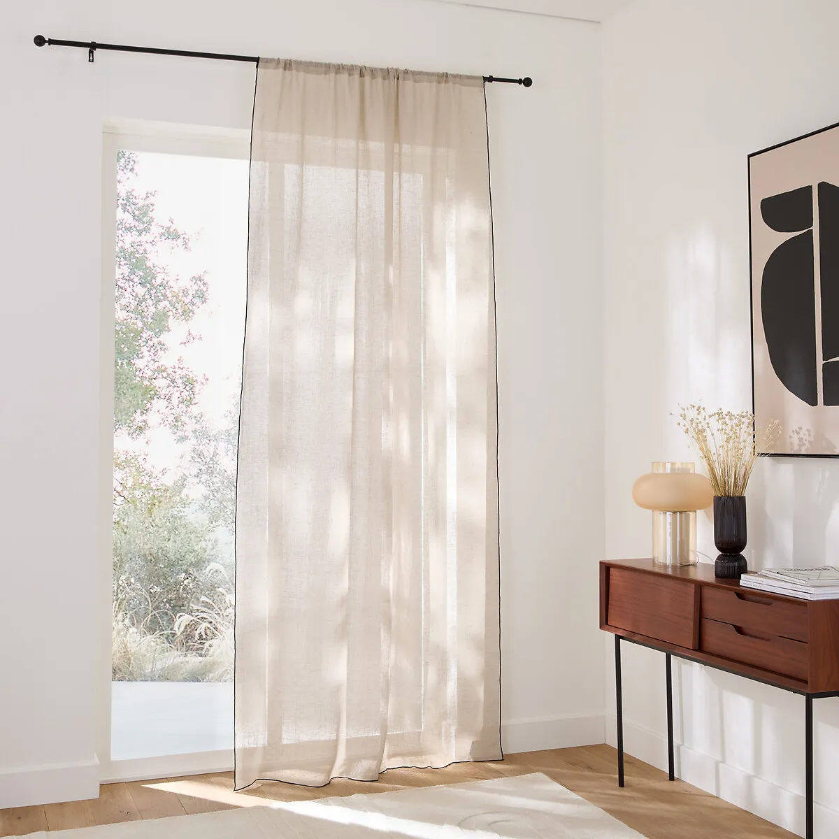 Onega Voile Panel with Black Taped Edging - Natural, Linen alternate view