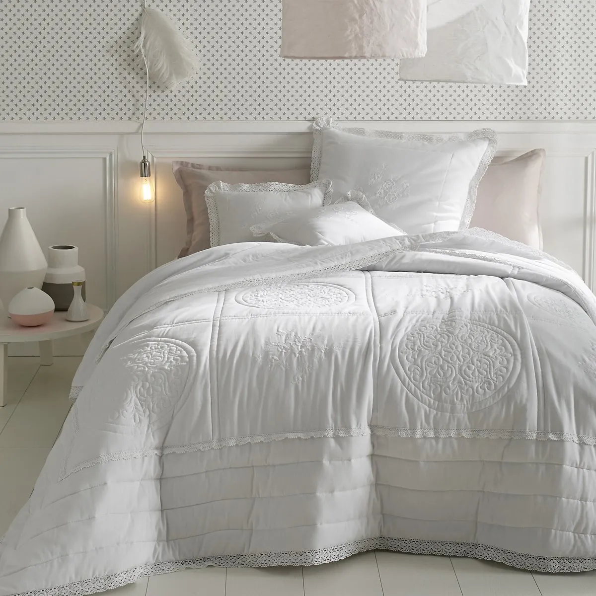 Oyena Embroidered Quilted Bed Cover - White, Cotton product