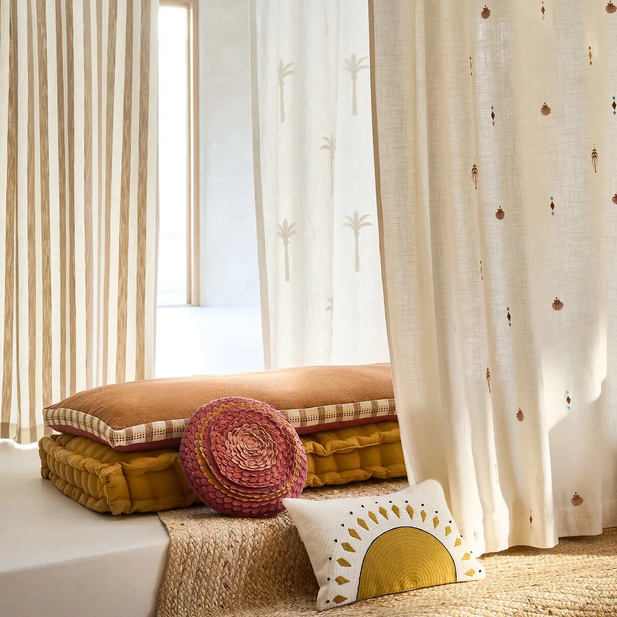 Palmae Palm Tree Print Curtain with Hidden Tabs - Ecru, Cotton Bouclé alternate view
