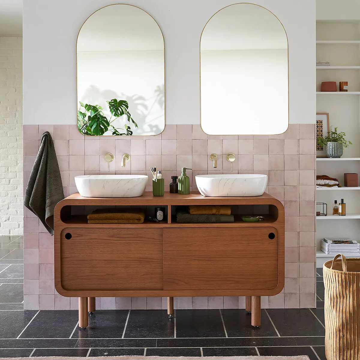 Palmo Double Washbasin Unit with Sliding Doors - Oak, MDF alternate view