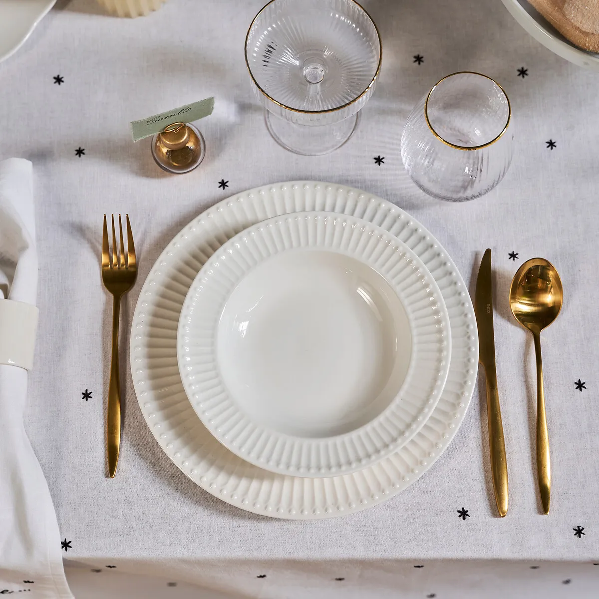 Rectangular Tablecloth Embroidered Stars - White, Linen Cotton alternate view