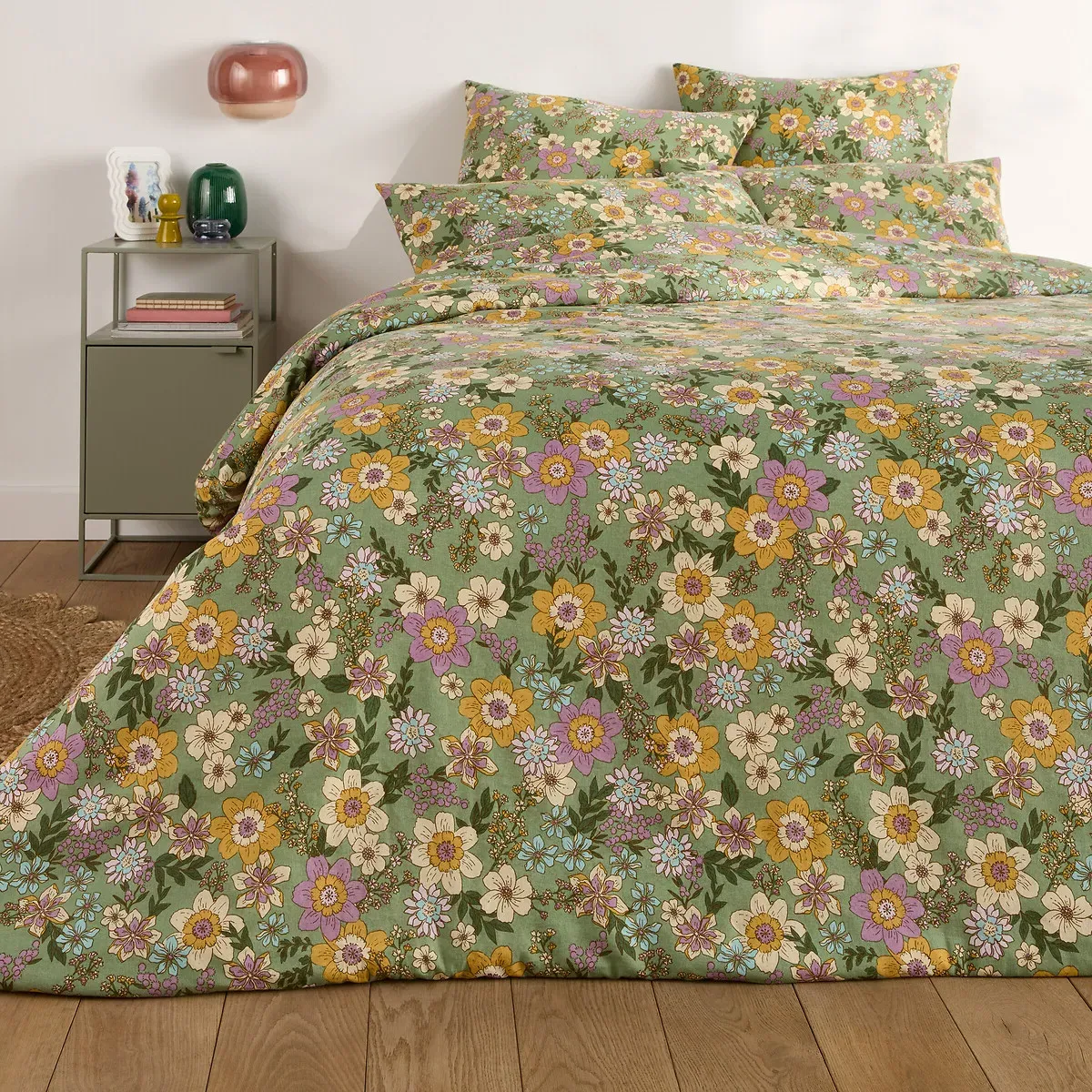 Rosemary Floral Print Duvet Cover - Green, Cotton Linen alternate view