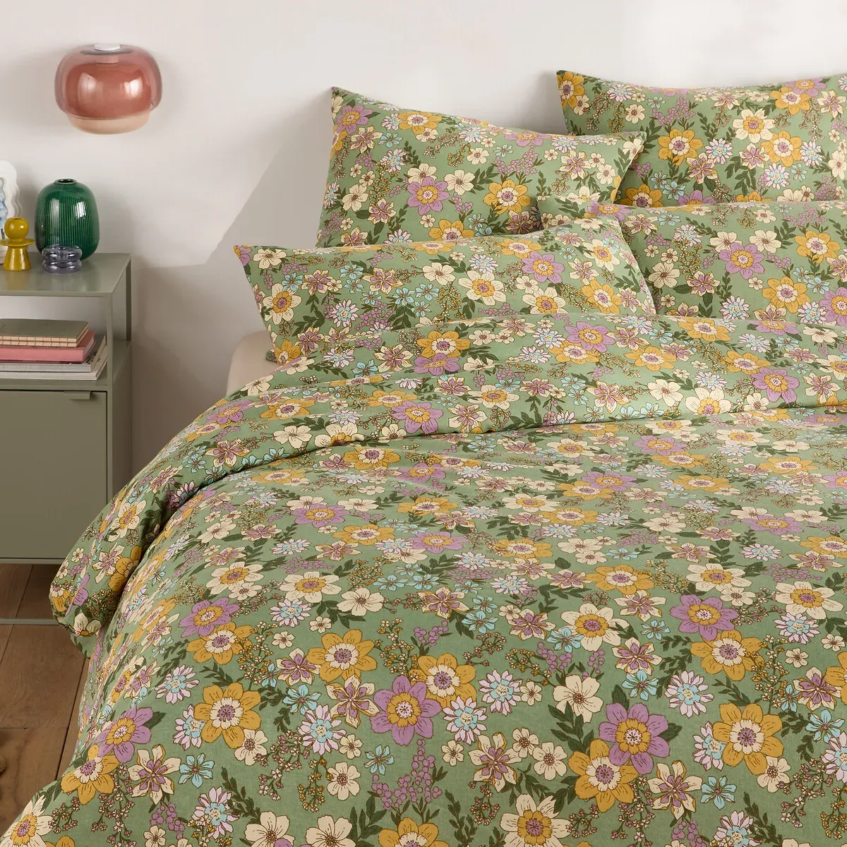 Rosemary Floral Print Duvet Cover - Green, Cotton Linen product