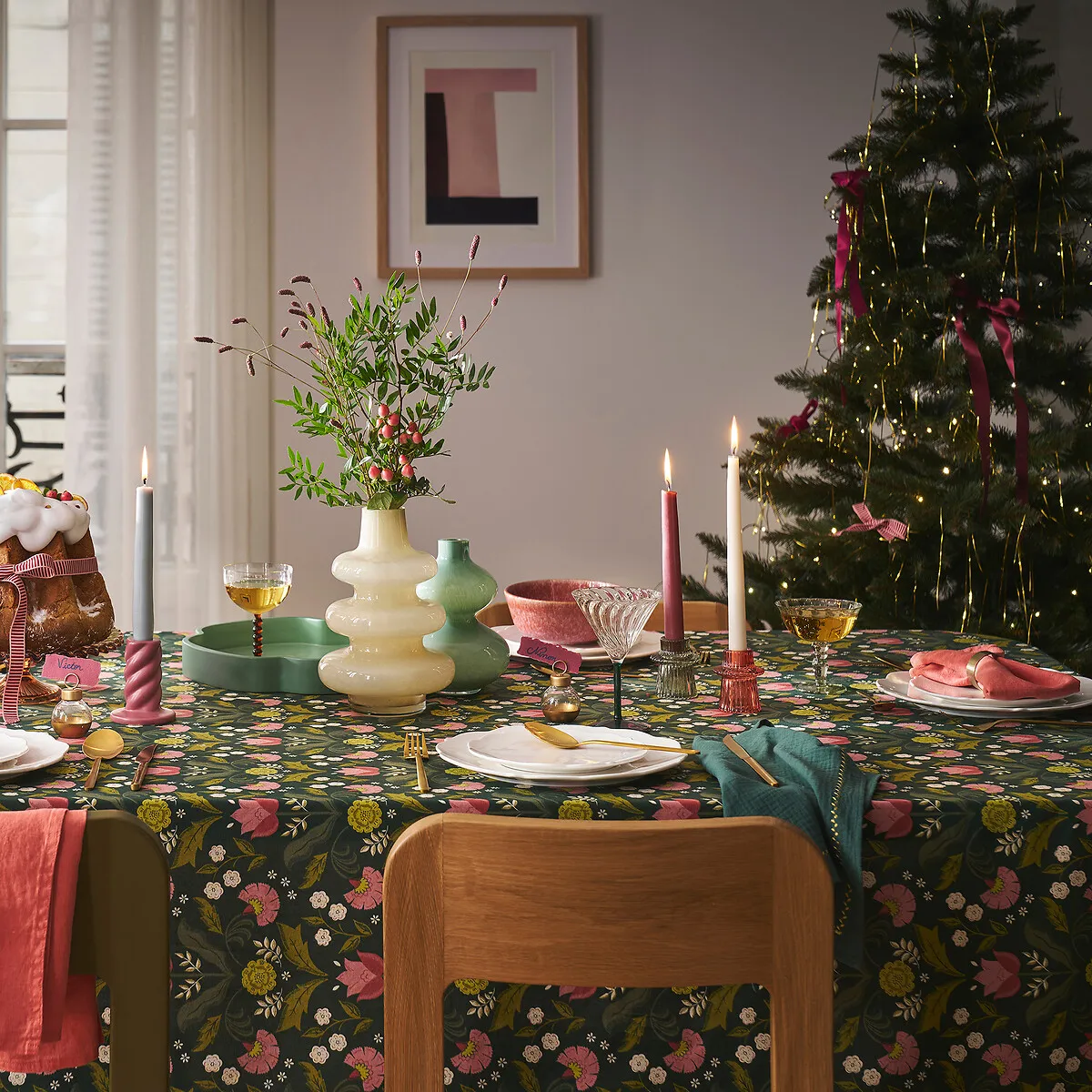 Suzanna Floral Print Tablecloth - Green, Washed Cotton alternate view