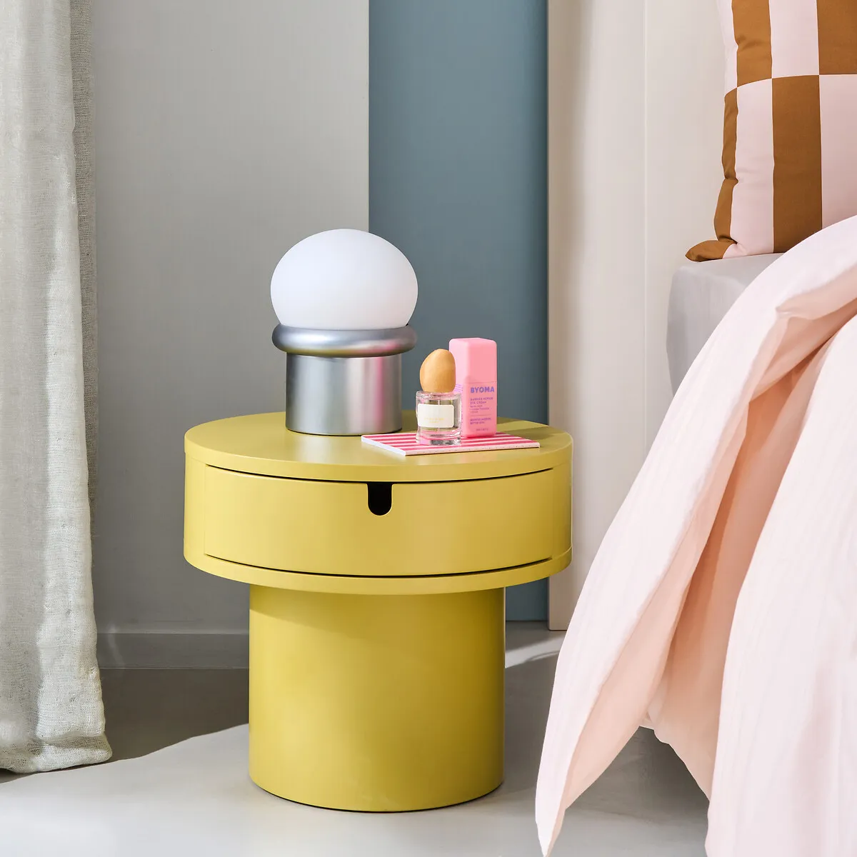 Tamita Round Bedside Table with 1 Drawer - Yellow, MDF alternate view