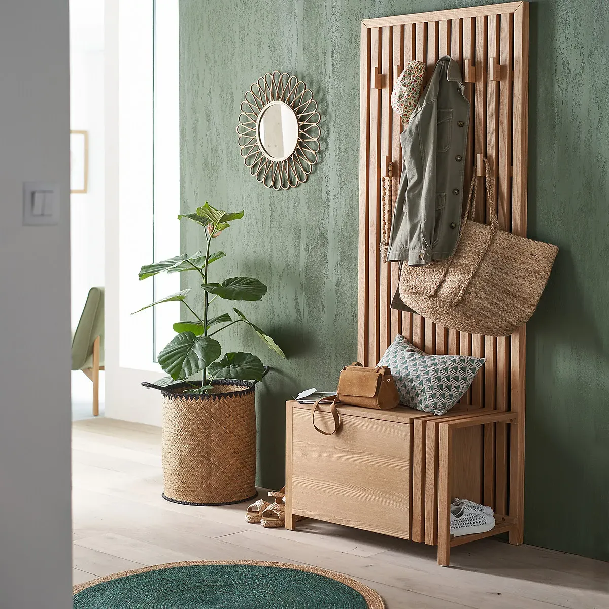 Theonie Hallway Bench with Storage - Natural, Ash Veneer alternate view