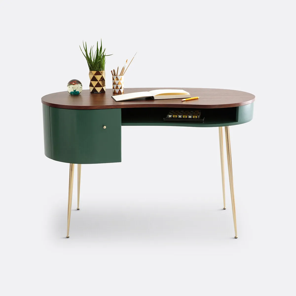Topim Kidney-Shaped Desk with Storage - Green, Walnut Veneer alternate view