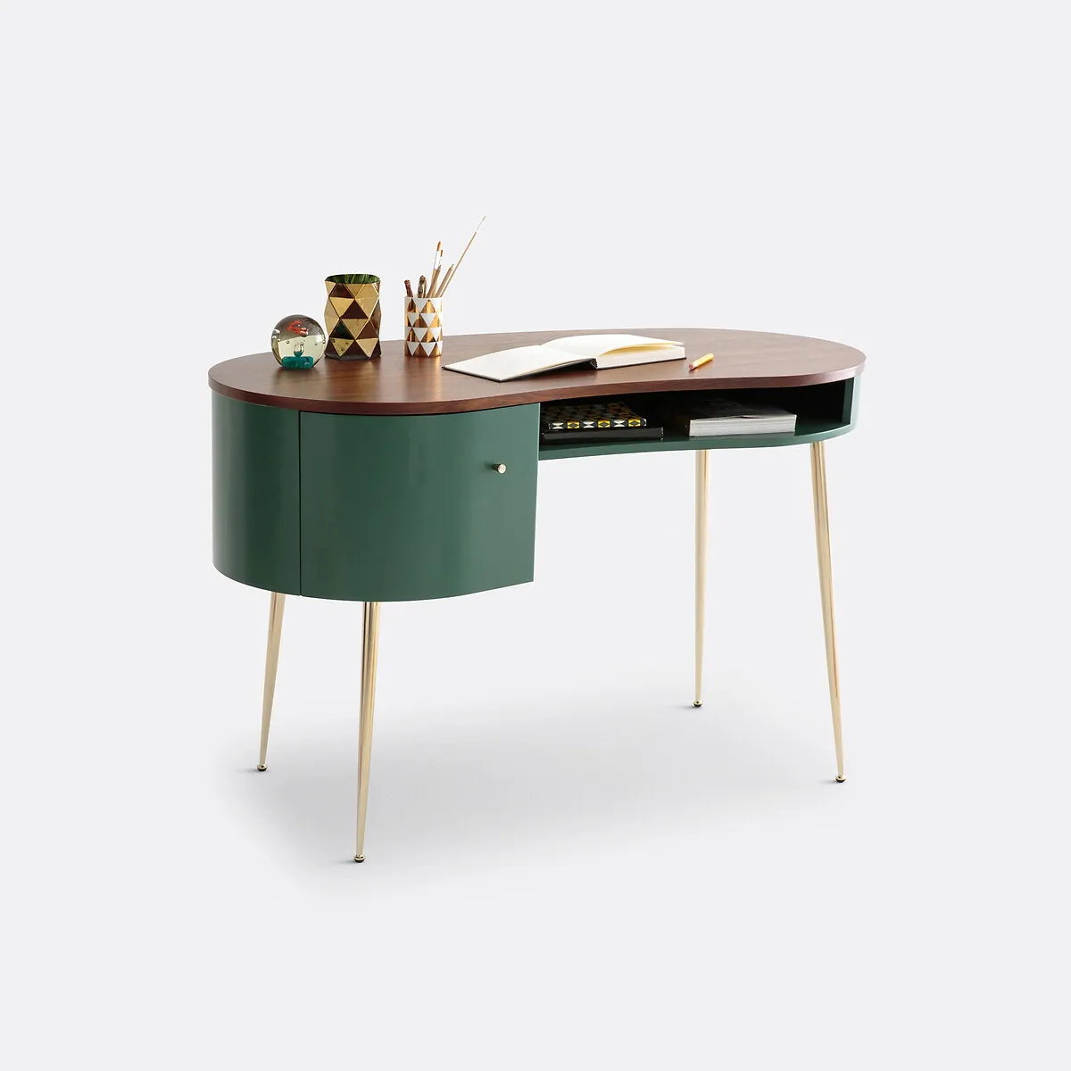 Topim Kidney-Shaped Desk with Storage - Green, Walnut Veneer product