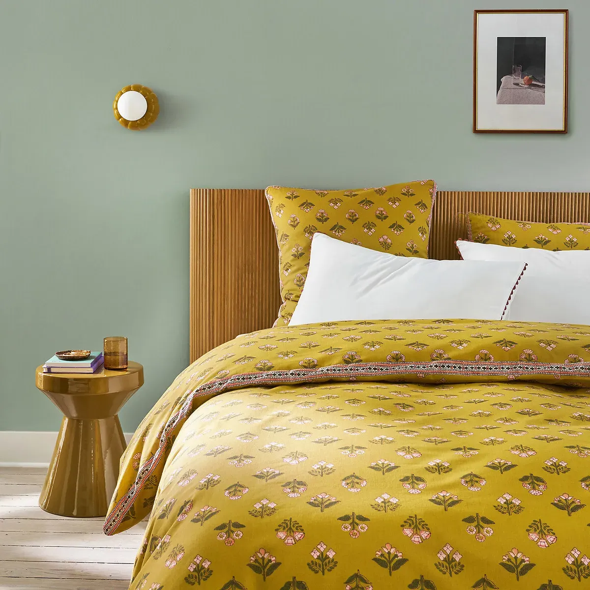 Vandi Floral Print Pillowcase - Ochre, Washed Cotton alternate view