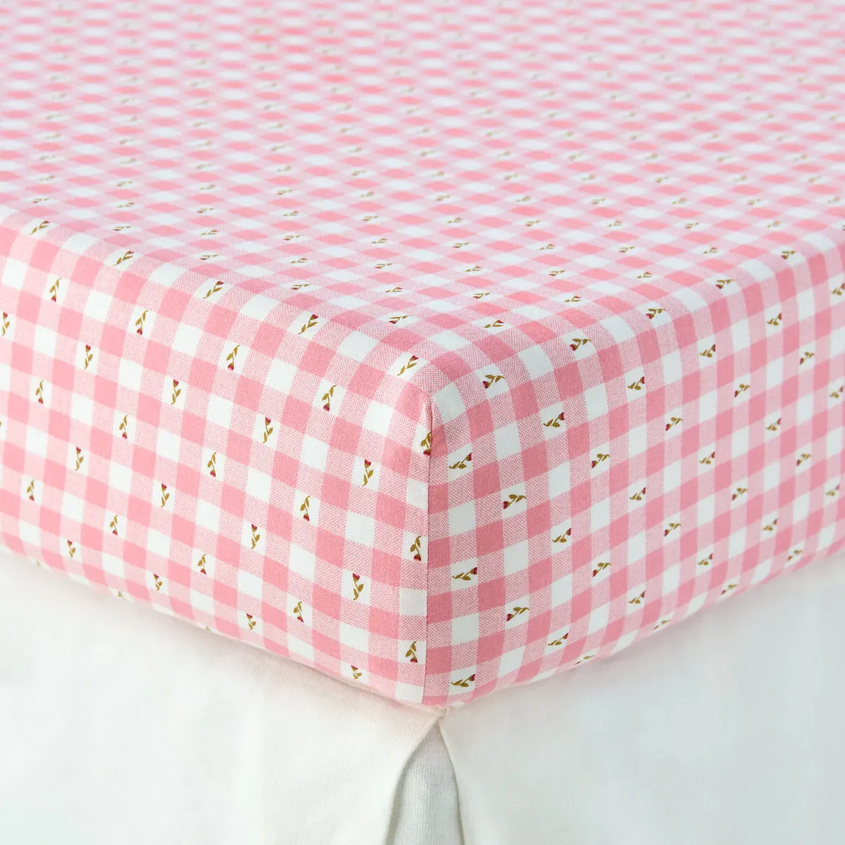 Vichy Fleuris Floral Gingham Fitted Sheet - Pink, Cotton alternate view