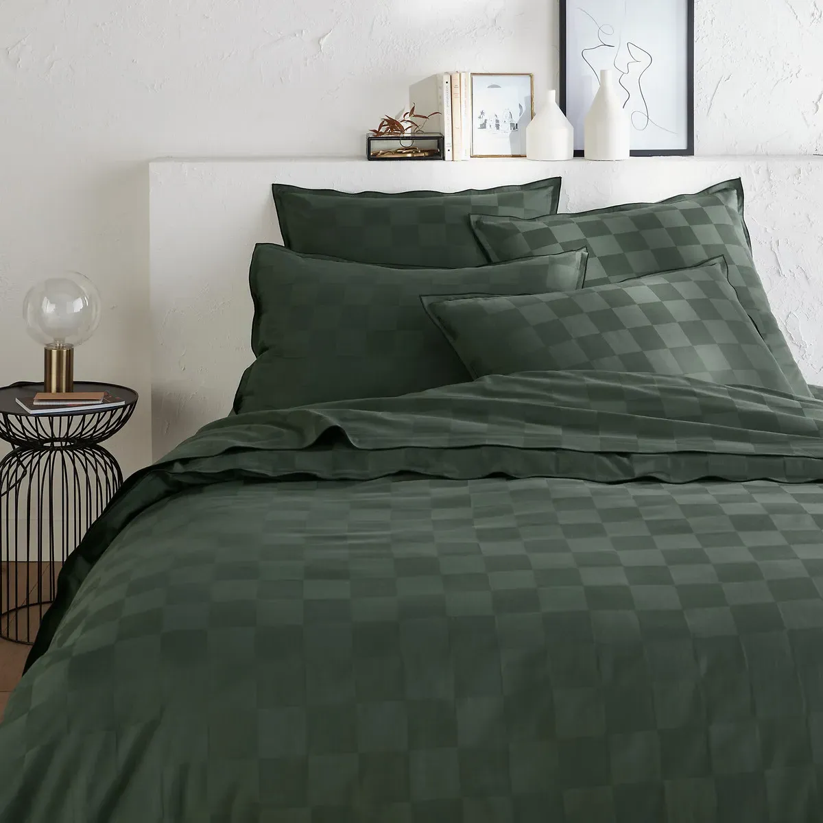 Victor Checkerboard Fitted Sheet - Cedar Green, Cotton alternate view
