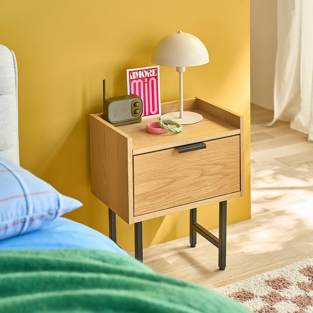 Volga Bedside Table with Drawer - Oak, MDF alternate view