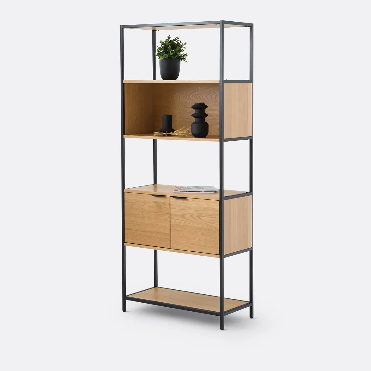 Volga Modular Bookcase with 1 Compartment and 2 Doors - Natural, Oak Veneer product
