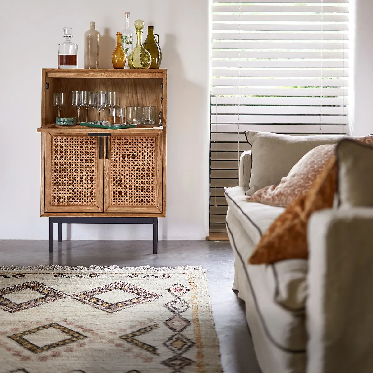 Waska Bar Cabinet with Drop-Down Door - Oak, Rattan Cane alternate view