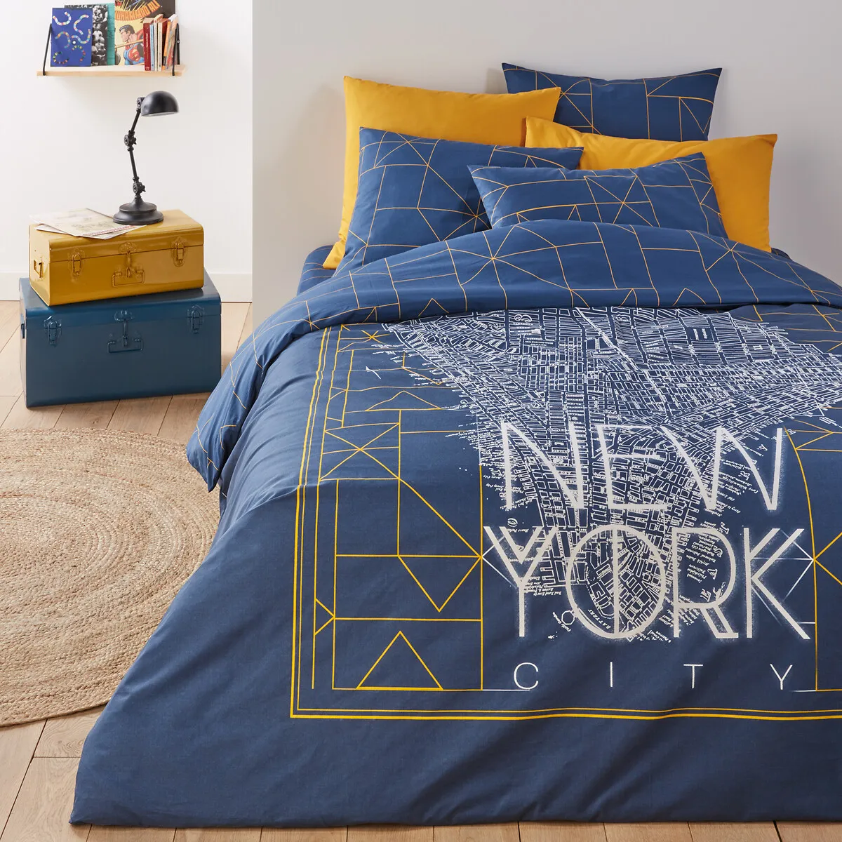 Dwight Geometric New York Duvet Cover - Dark Blue, Cotton product