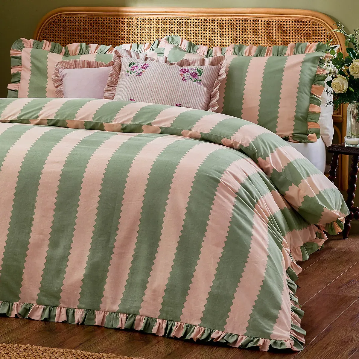Birdie Stripe Ruffle Duvet Cover & Pillowcase Set - Pink, Green alternate view