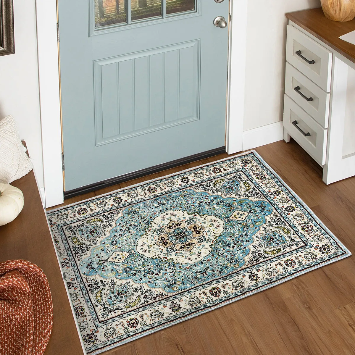 Agnes Boho Floral Medallion Small Rug - Light Blue, Faux Wool product