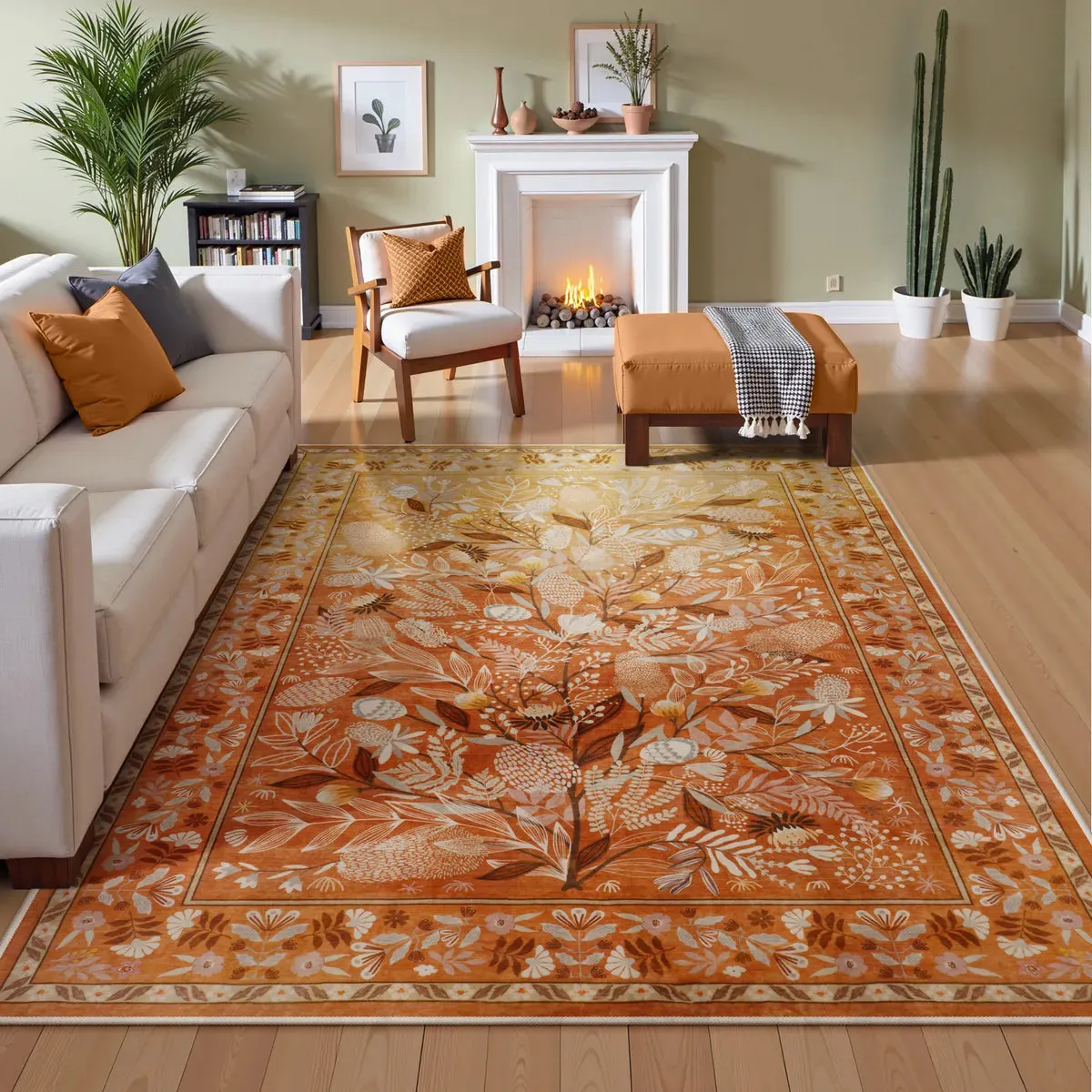 Alma Botanical Floral Area Rug Machine Washable - Yellow, Synthetic Faux Wool product