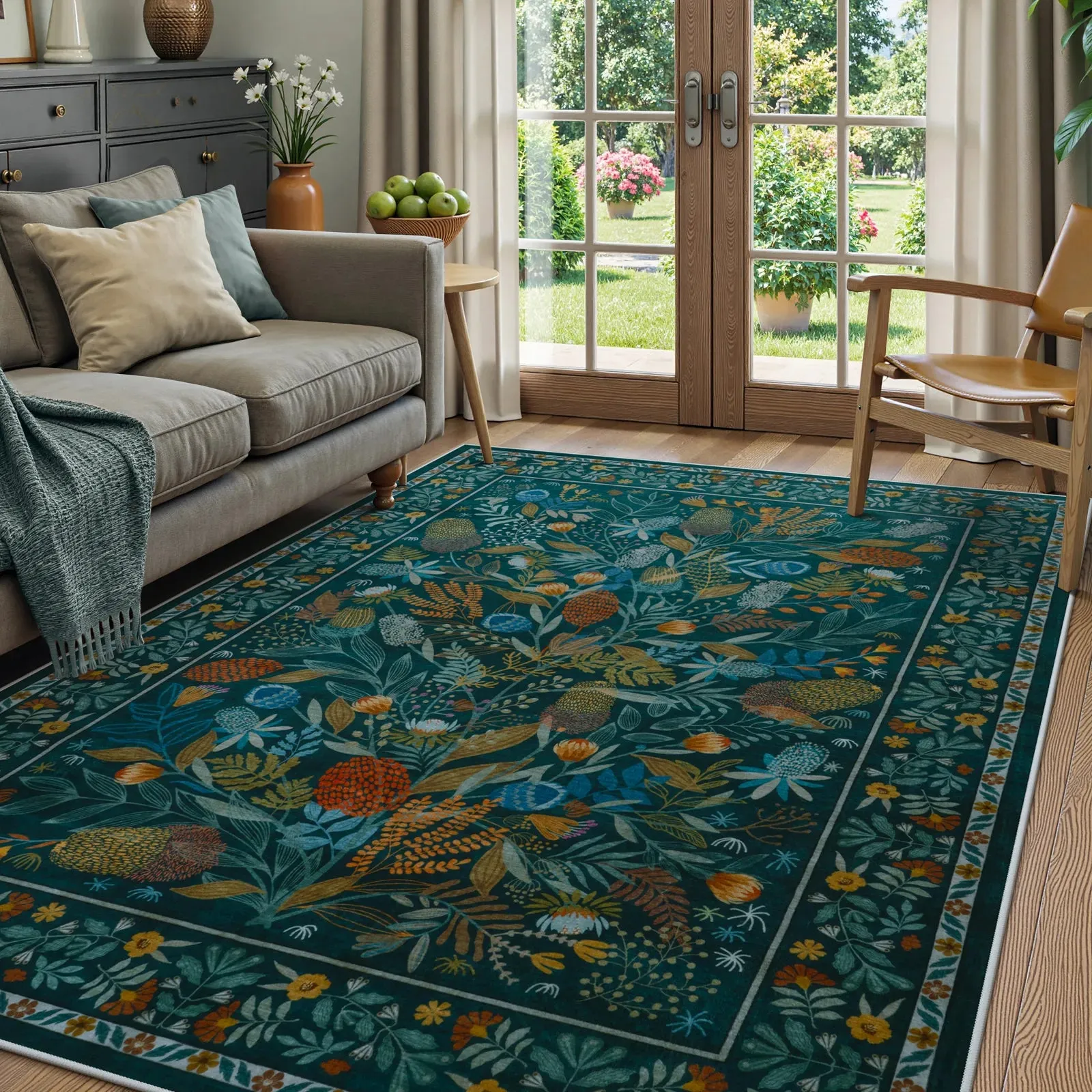 Alma Botanical Floral Area Rug, Washable - Blue, Faux Wool product