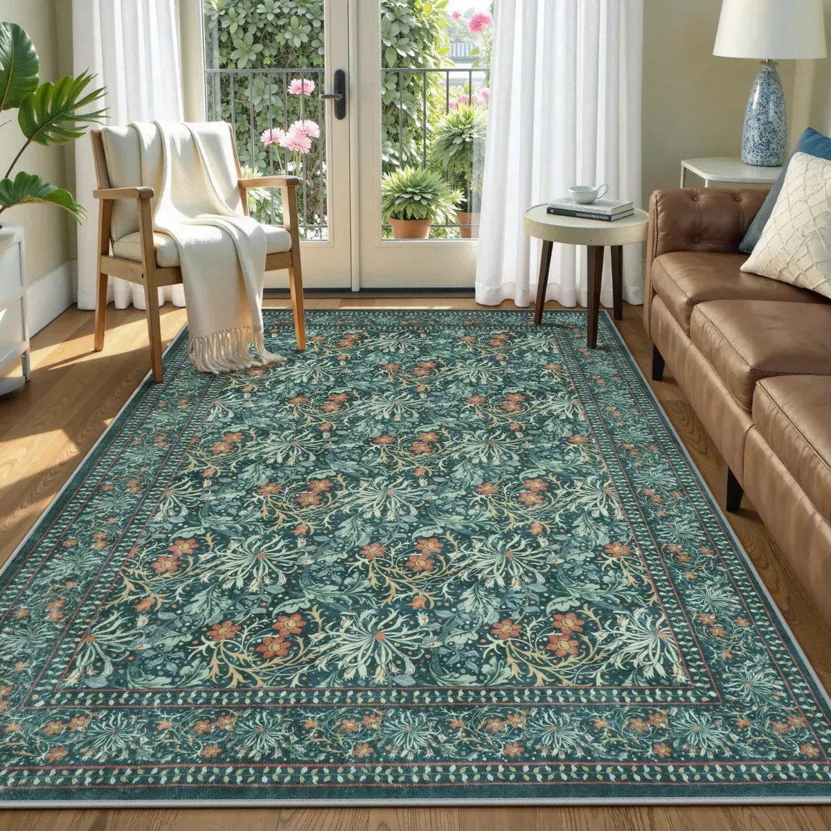 Arbore Vintage Floral Washable Rug - Teal, Faux Wool product