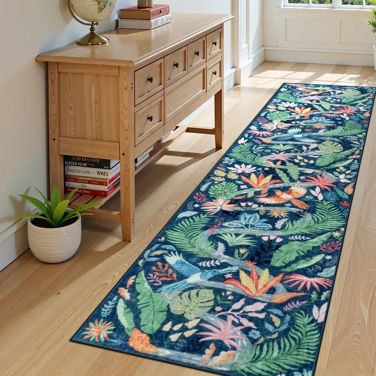 Avelie Tropical Bird Runner Rug Washable - Blue, Synthetic product