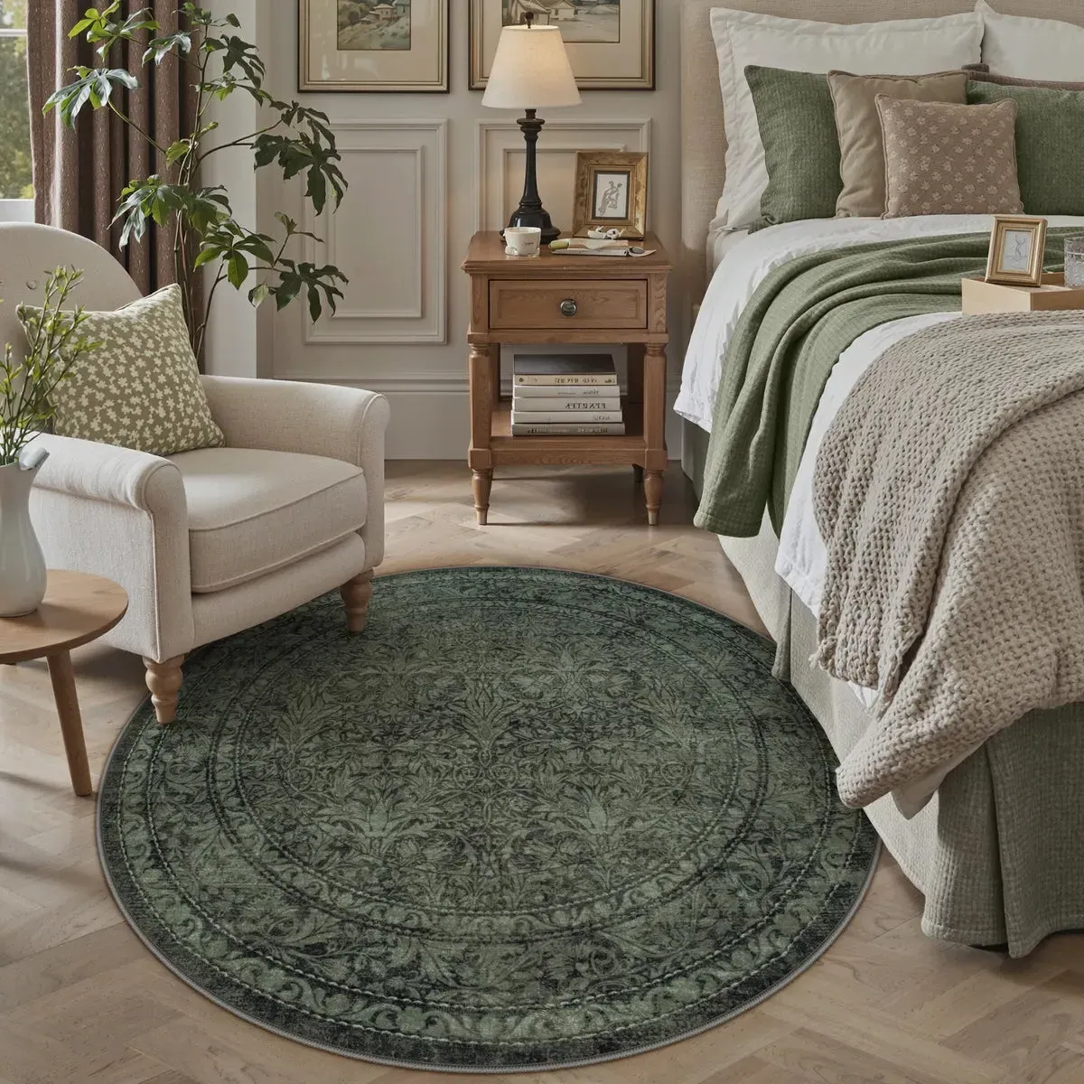Brielle Round Vintage Botanical Rug - Green, Faux Wool product