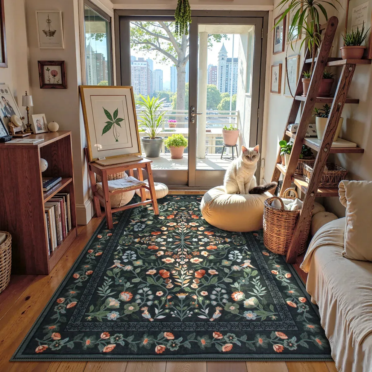Celeste Vintage Floral Rug Machine Washable - Black, Faux Wool product